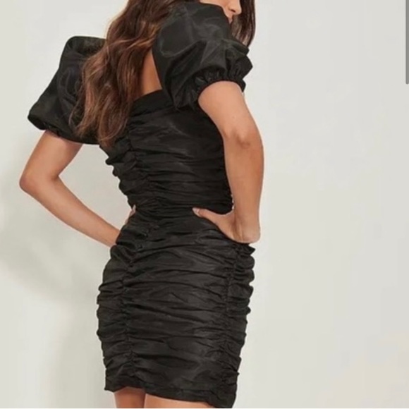 Puffy Sleeve Faux Leather Draped Mini Dress Black NWT - Picture 2 of 6